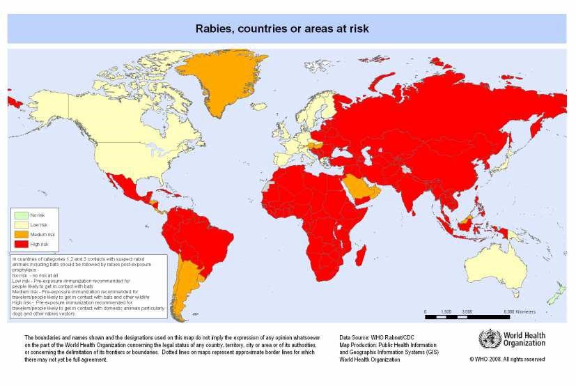 Distribution géographique mondiale de la rage